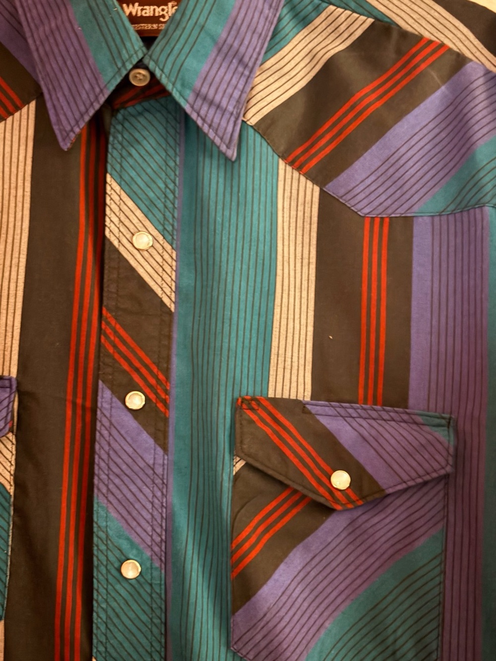 Super-Cool Vintage Wrangler Men’s Teal Purple Black Striped Western Shirt